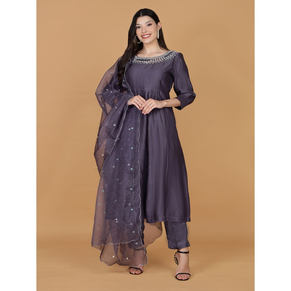 MILU MADAN Dull Purple Pure Chanderi Mirror Work Anarkali with Pant and Dupatta
