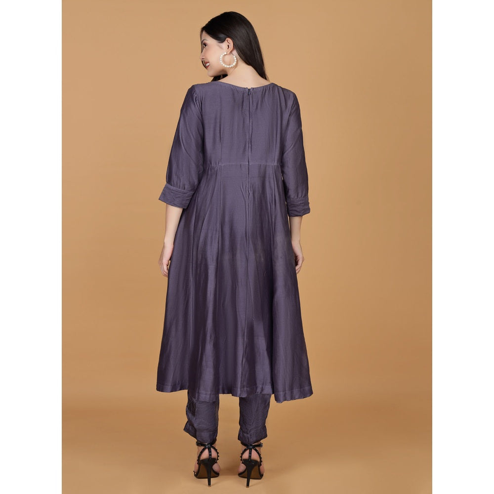 MILU MADAN Dull Purple Pure Chanderi Mirror Work Anarkali with Pant and Dupatta