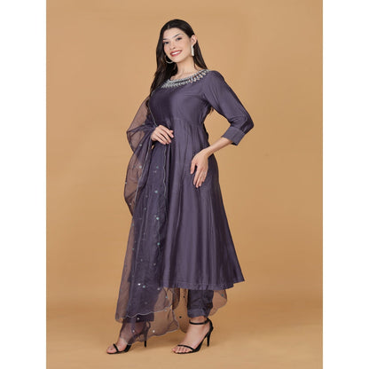 MILU MADAN Dull Purple Pure Chanderi Mirror Work Anarkali with Pant and Dupatta