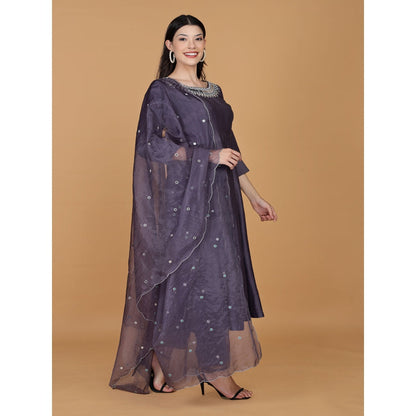 MILU MADAN Dull Purple Pure Chanderi Mirror Work Anarkali with Pant and Dupatta
