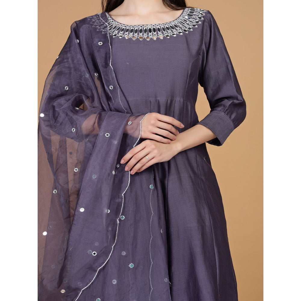 MILU MADAN Dull Purple Pure Chanderi Mirror Work Anarkali with Pant and Dupatta