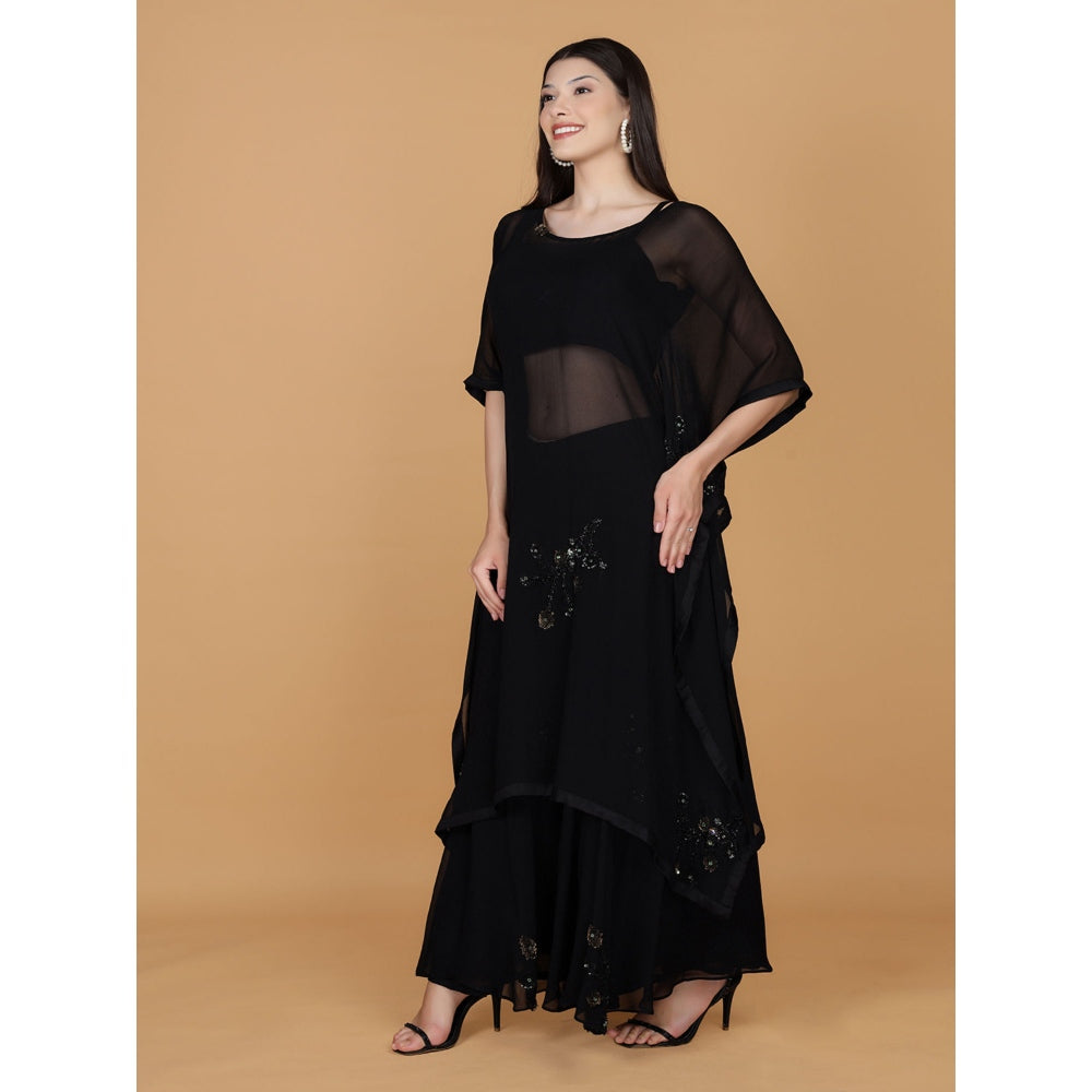 MILU MADAN Black Georgette Sequins Beads Work Kaftan with Blouse and Sharara