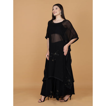 MILU MADAN Black Georgette Sequins Beads Work Kaftan with Blouse and Sharara