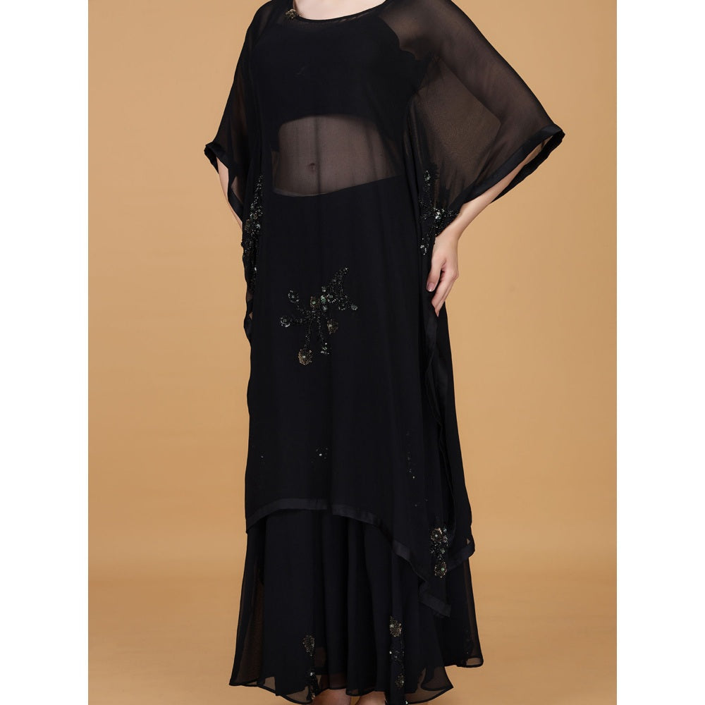 MILU MADAN Black Georgette Sequins Beads Work Kaftan with Blouse and Sharara