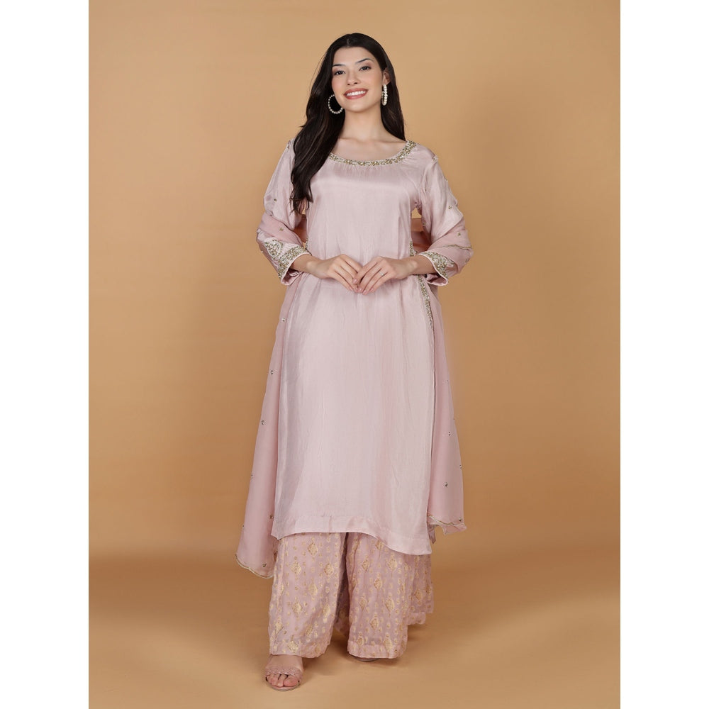 MILU MADAN Light Pink Viscose Silk Pearl Sequins Kurta with Palazzo & Dupatta