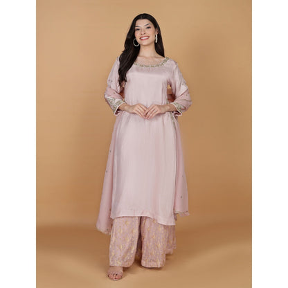 MILU MADAN Light Pink Viscose Silk Pearl Sequins Kurta with Palazzo & Dupatta