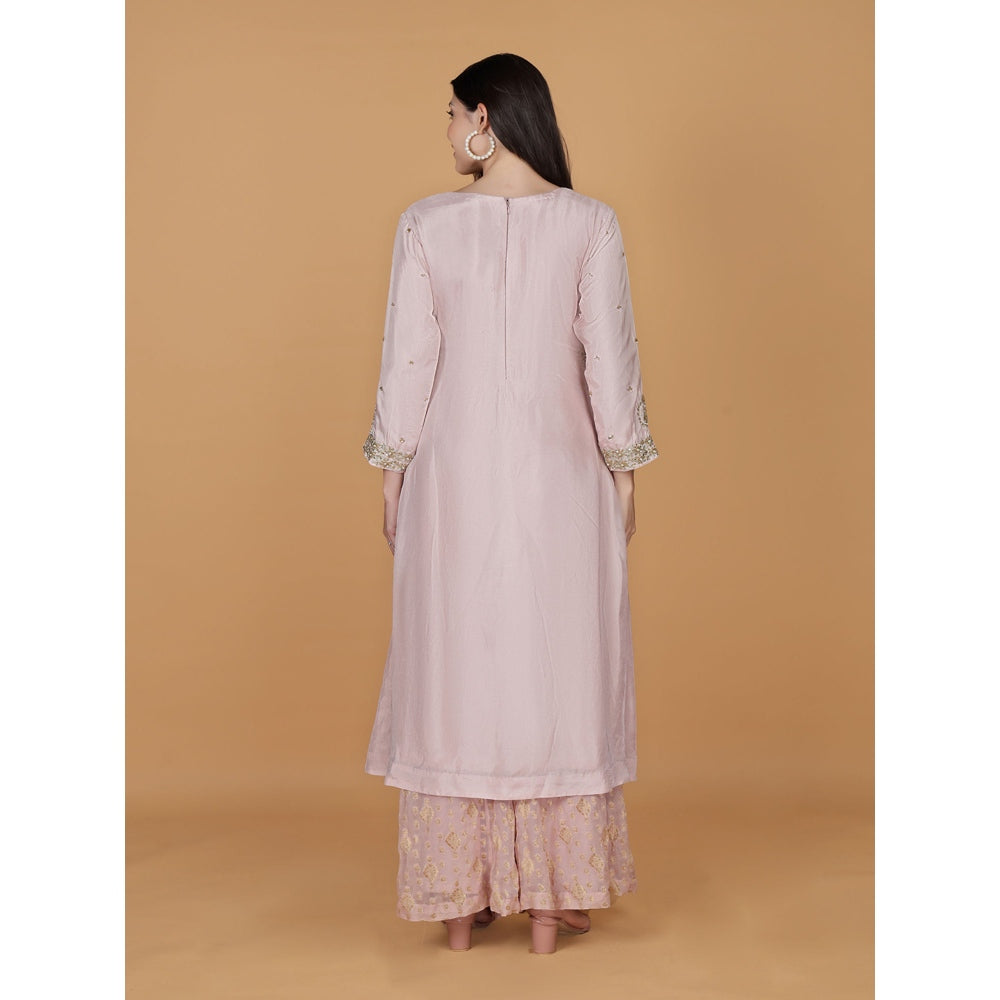 MILU MADAN Light Pink Viscose Silk Pearl Sequins Kurta with Palazzo & Dupatta