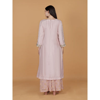 MILU MADAN Light Pink Viscose Silk Pearl Sequins Kurta with Palazzo & Dupatta