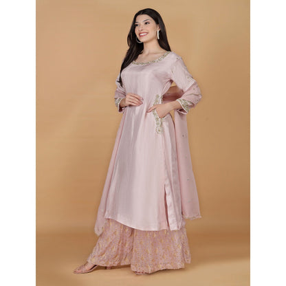 MILU MADAN Light Pink Viscose Silk Pearl Sequins Kurta with Palazzo & Dupatta