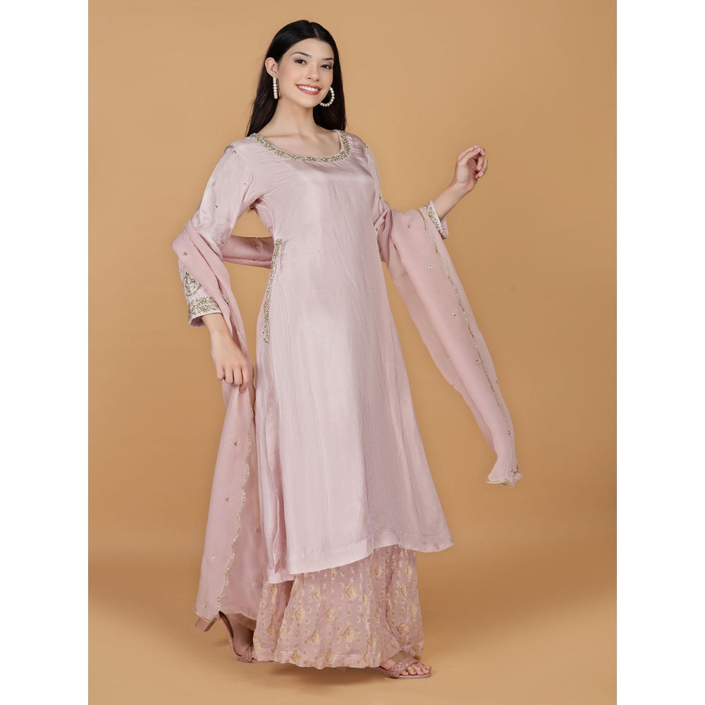 MILU MADAN Light Pink Viscose Silk Pearl Sequins Kurta with Palazzo & Dupatta