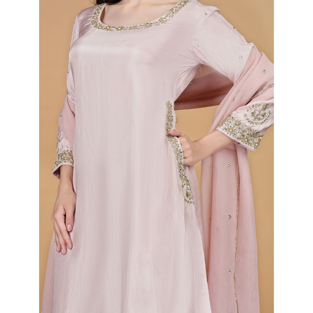 MILU MADAN Light Pink Viscose Silk Pearl Sequins Kurta with Palazzo & Dupatta