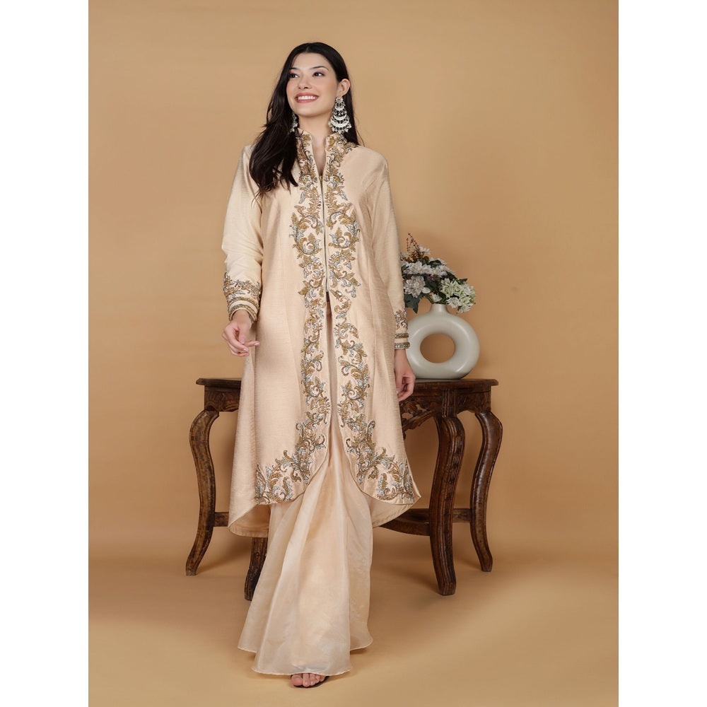 MILU MADAN Light Peach Raw Silk Stone & Crystal Work Long Jacket with Drape Skirt