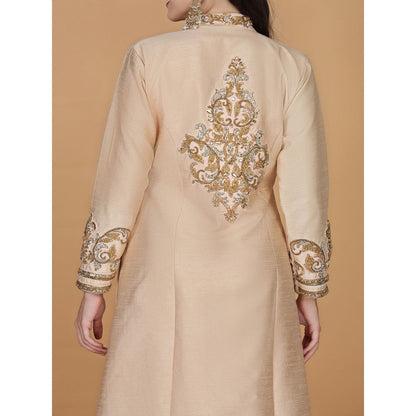 MILU MADAN Light Peach Raw Silk Stone & Crystal Work Long Jacket with Drape Skirt