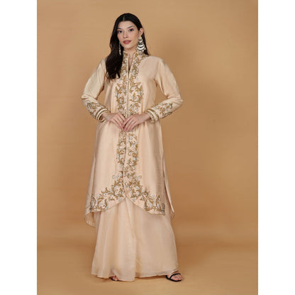 MILU MADAN Light Peach Raw Silk Stone & Crystal Work Long Jacket with Drape Skirt