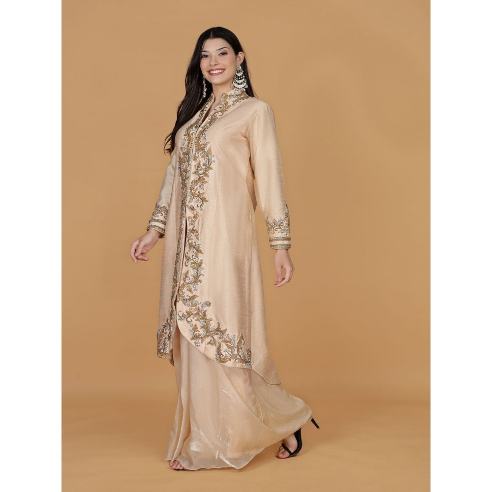 MILU MADAN Light Peach Raw Silk Stone & Crystal Work Long Jacket with Drape Skirt