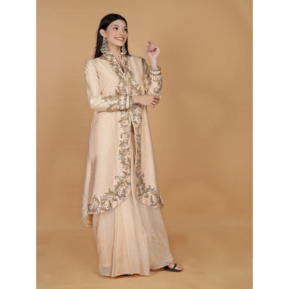 MILU MADAN Light Peach Raw Silk Stone & Crystal Work Long Jacket with Drape Skirt