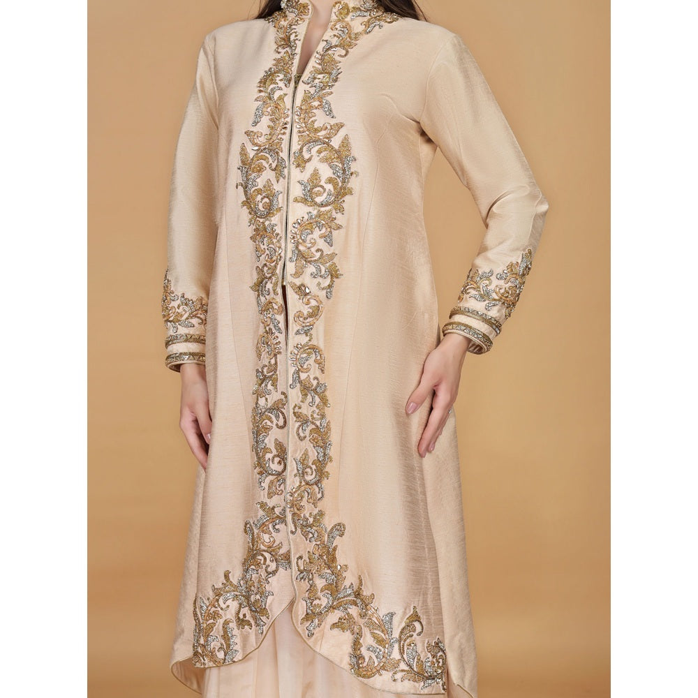 MILU MADAN Light Peach Raw Silk Stone & Crystal Work Long Jacket with Drape Skirt
