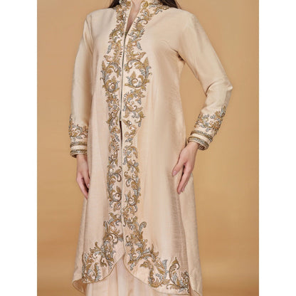 MILU MADAN Light Peach Raw Silk Stone & Crystal Work Long Jacket with Drape Skirt