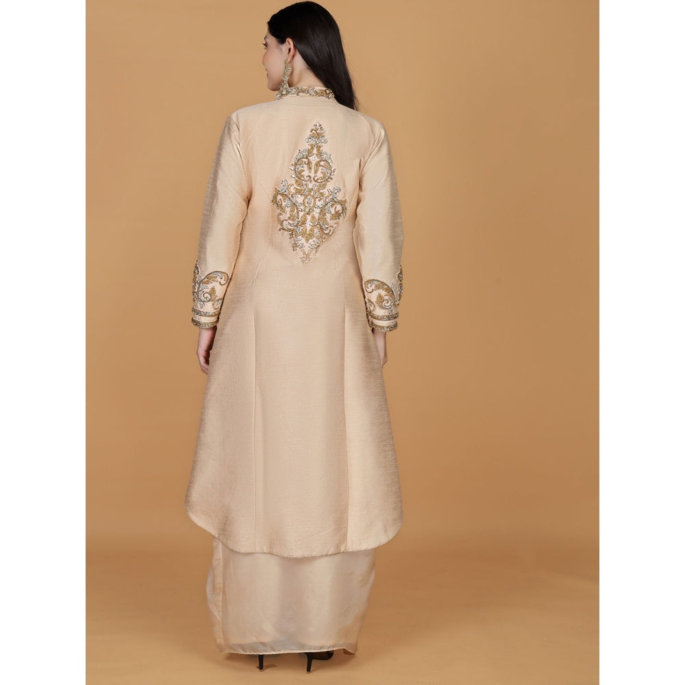 MILU MADAN Light Peach Raw Silk Stone & Crystal Work Long Jacket with Drape Skirt