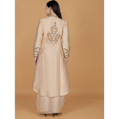 MILU MADAN Light Peach Raw Silk Stone & Crystal Work Long Jacket with Drape Skirt