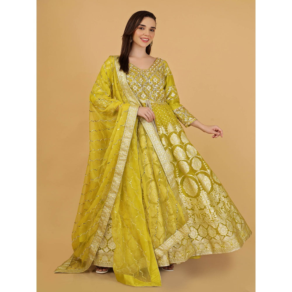 MILU MADAN Lime Green Organza Brocade Lehenga With Kurta And Dupatta