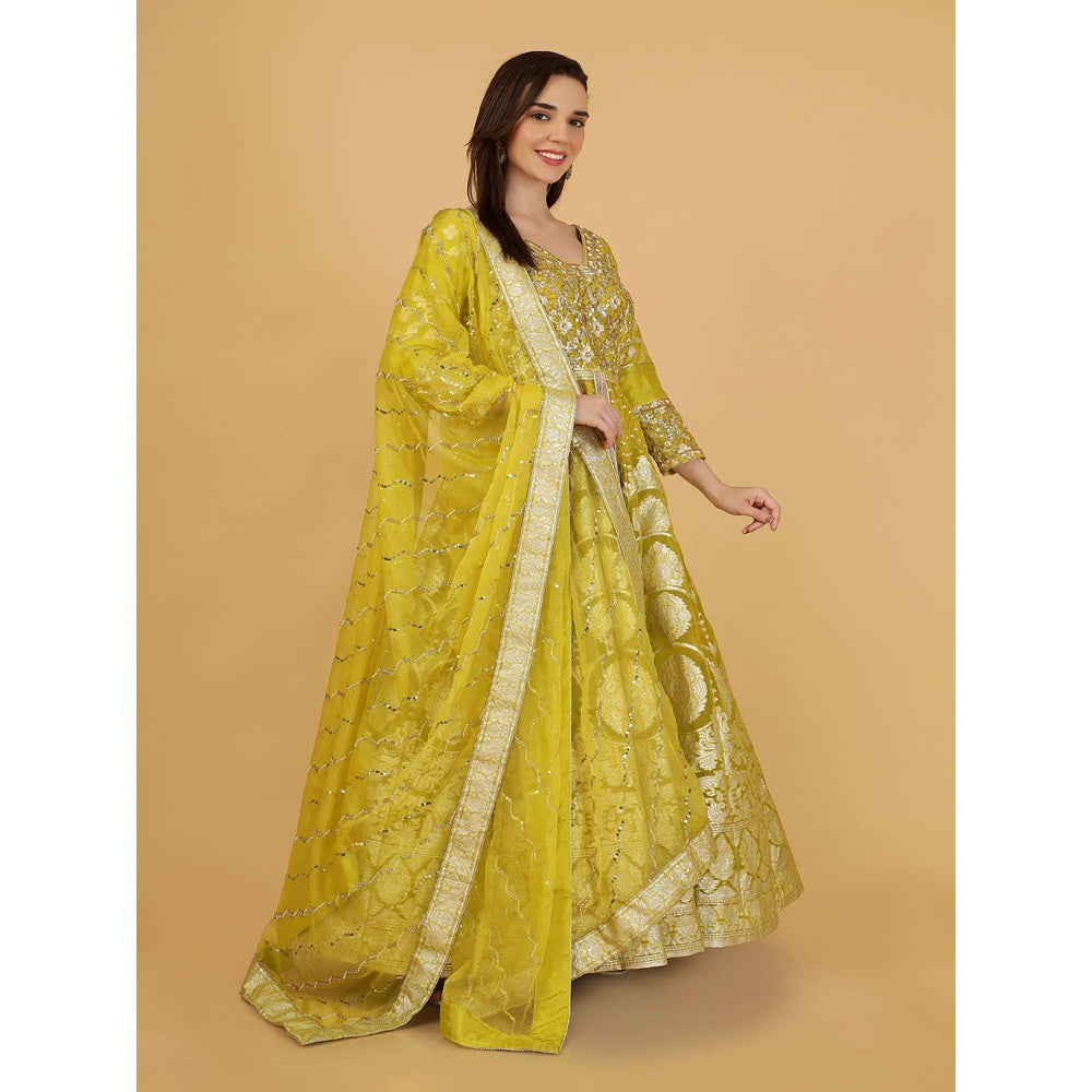 MILU MADAN Lime Green Organza Brocade Lehenga With Kurta And Dupatta