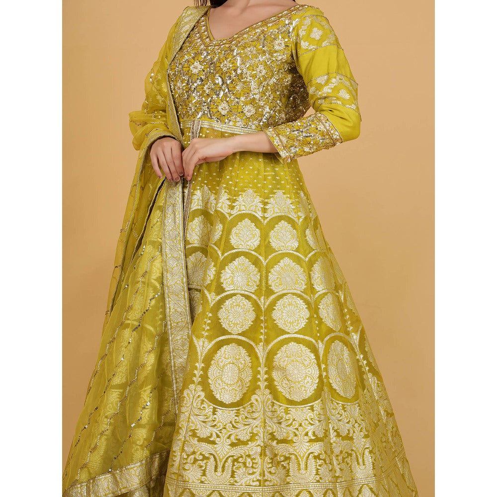MILU MADAN Lime Green Organza Brocade Lehenga With Kurta And Dupatta