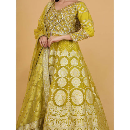 MILU MADAN Lime Green Organza Brocade Lehenga With Kurta And Dupatta