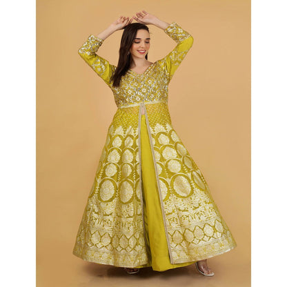 MILU MADAN Lime Green Organza Brocade Lehenga With Kurta And Dupatta