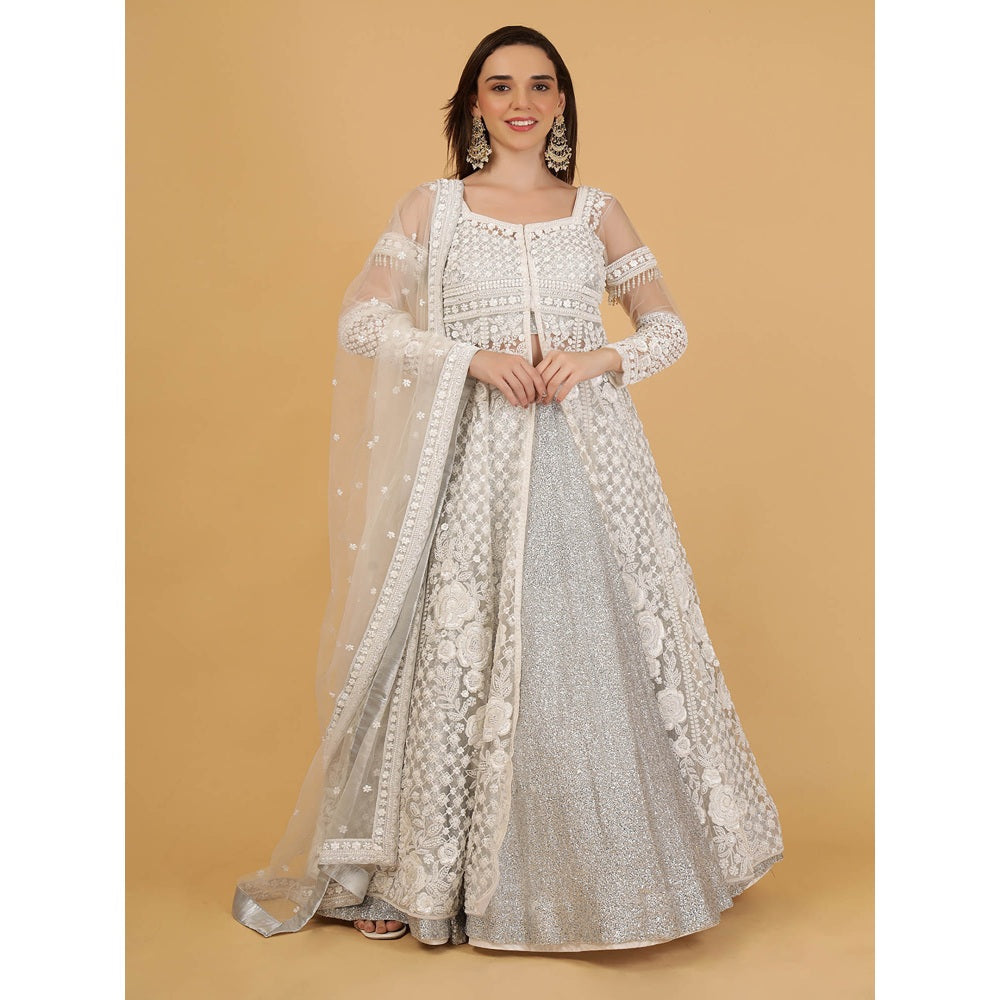 MILU MADAN White Jacket And Silver Lehenga With Kurta And Dupatta