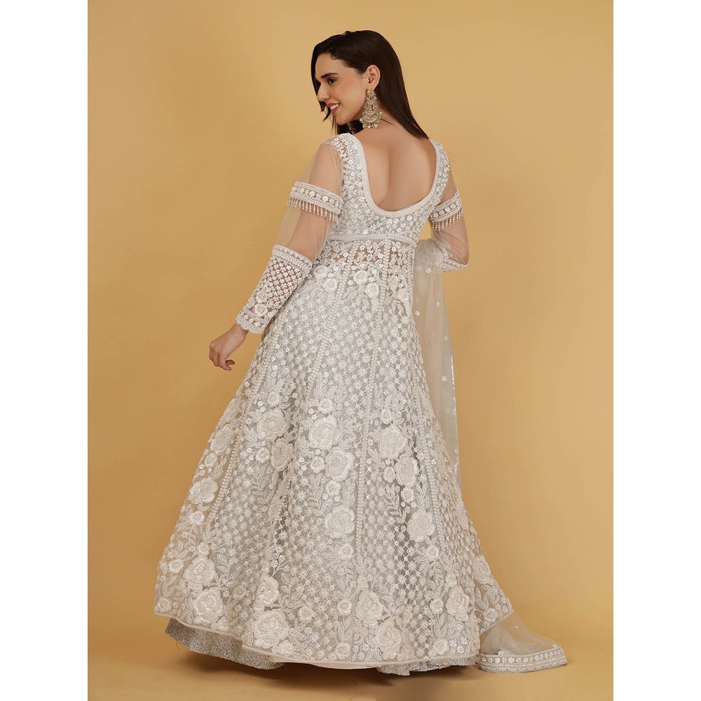 MILU MADAN White Jacket And Silver Lehenga With Kurta And Dupatta