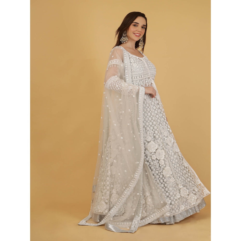 MILU MADAN White Jacket And Silver Lehenga With Kurta And Dupatta