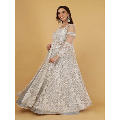 MILU MADAN White Jacket And Silver Lehenga With Kurta And Dupatta