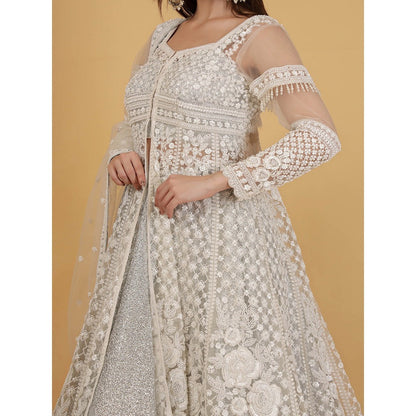 MILU MADAN White Jacket And Silver Lehenga With Kurta And Dupatta