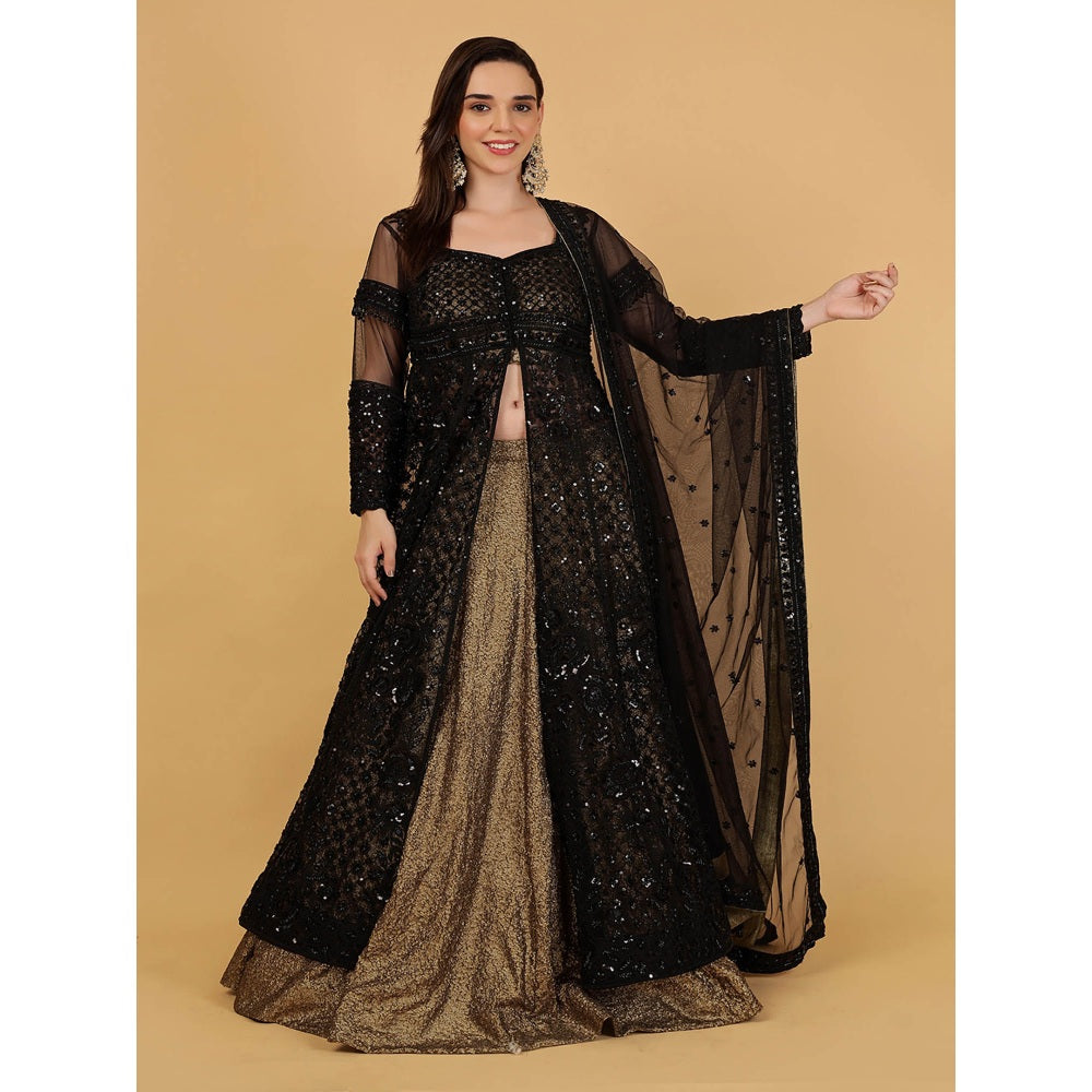 MILU MADAN Black Jacket And Antique Gold Lehenga With Kurta And Dupatta