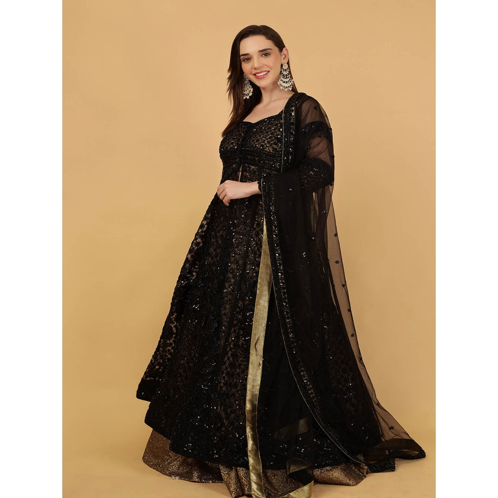 MILU MADAN Black Jacket And Antique Gold Lehenga With Kurta And Dupatta