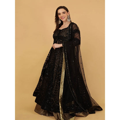 MILU MADAN Black Jacket And Antique Gold Lehenga With Kurta And Dupatta