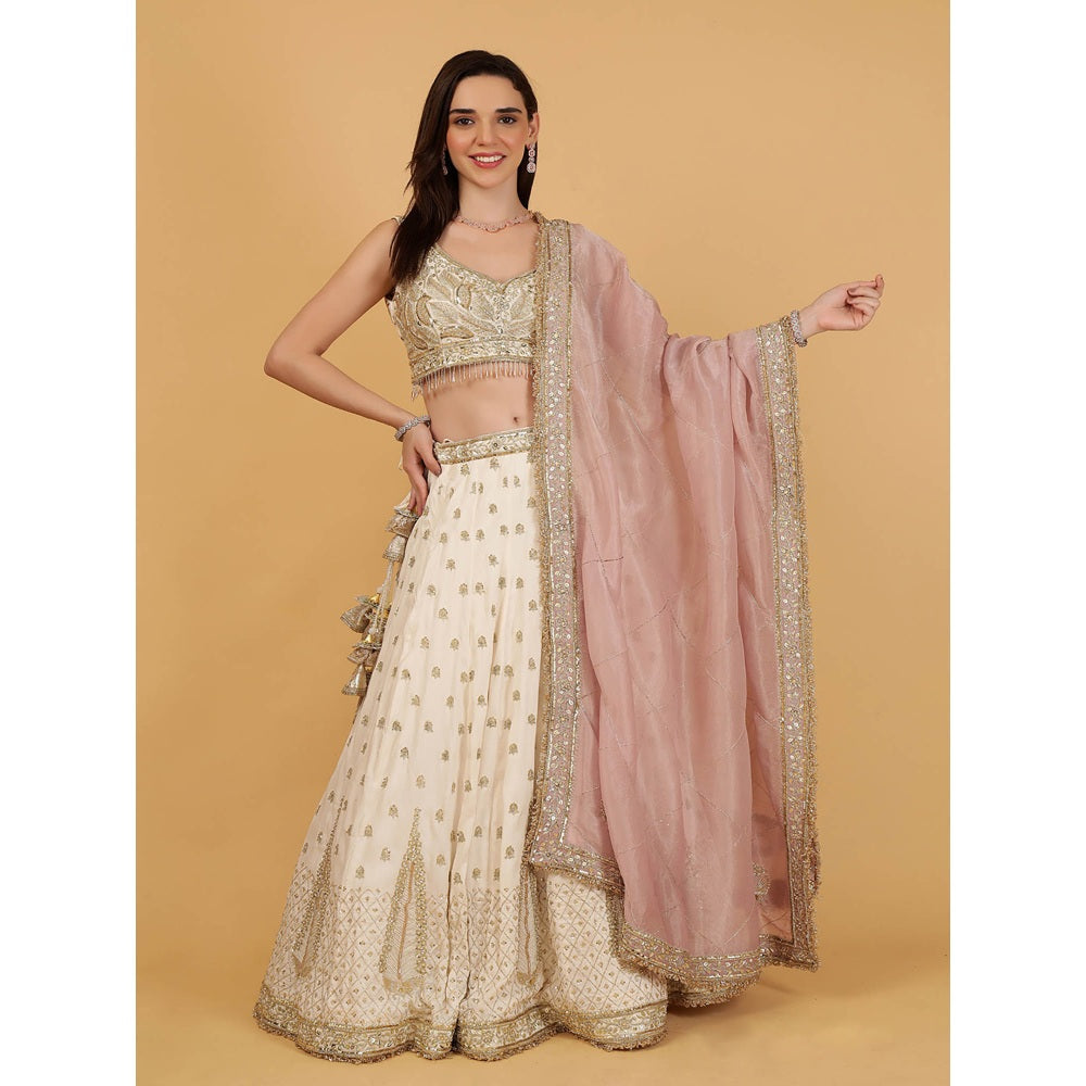 MILU MADAN Ivory Silk Lehenga Sequins Zari Cut Sana Lehenga With Stitched Blouse And Dupatta