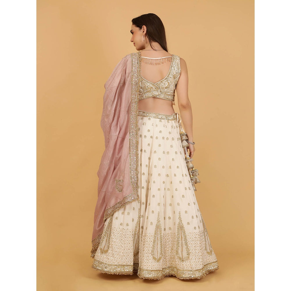 MILU MADAN Ivory Silk Lehenga Sequins Zari Cut Sana Lehenga With Stitched Blouse And Dupatta