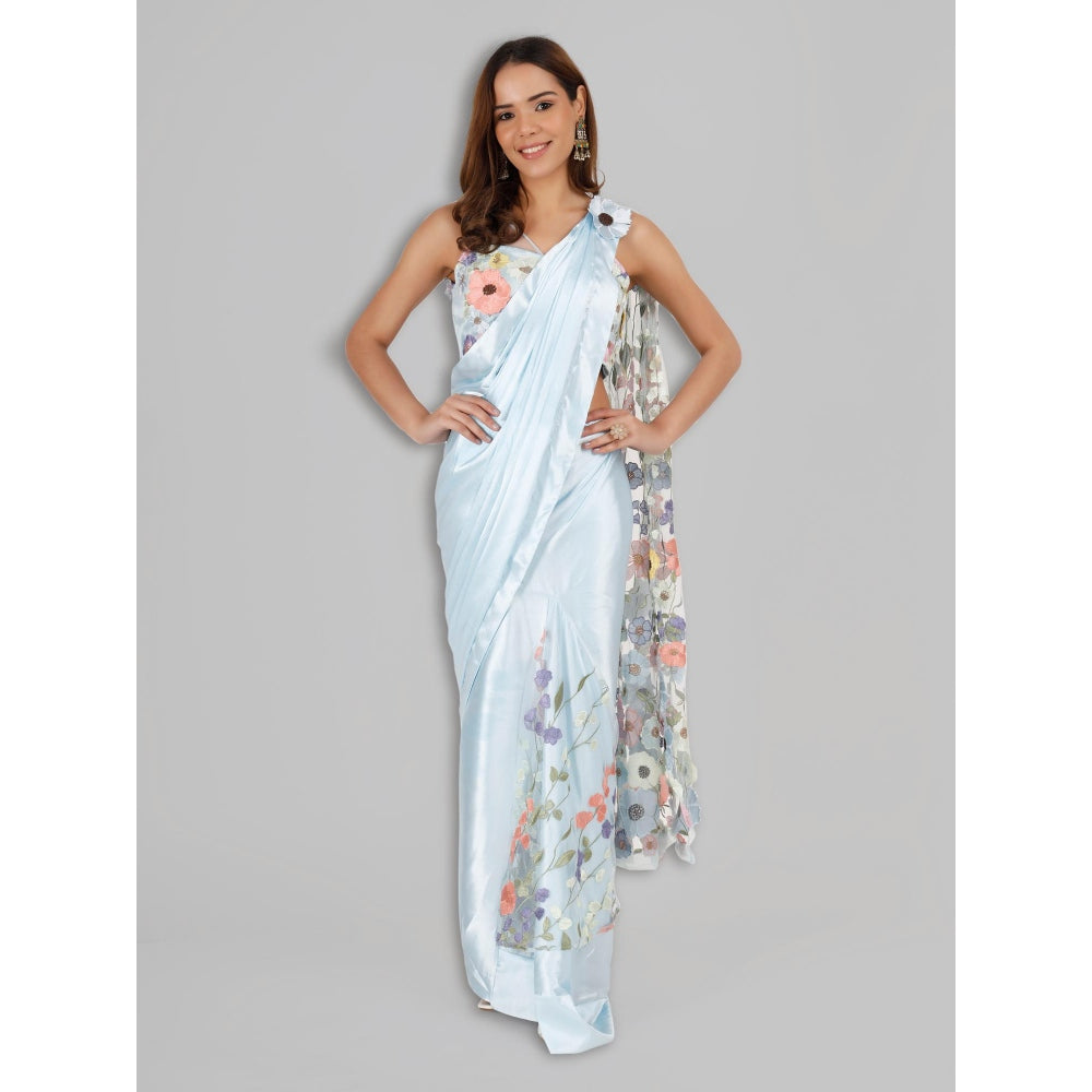 MILU MADAN Sky Blue Satin Fish Cut Drape Saree with Unstitched Blouse