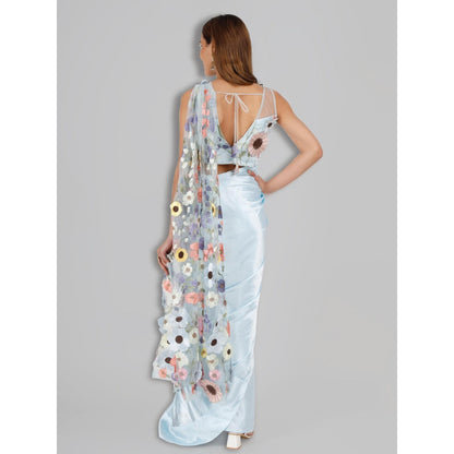 MILU MADAN Sky Blue Satin Fish Cut Drape Saree with Unstitched Blouse