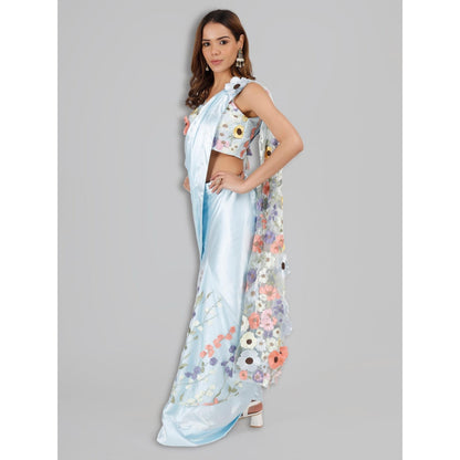 MILU MADAN Sky Blue Satin Fish Cut Drape Saree with Unstitched Blouse