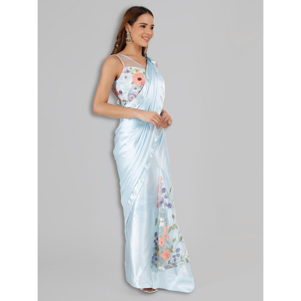 MILU MADAN Sky Blue Satin Fish Cut Drape Saree with Unstitched Blouse