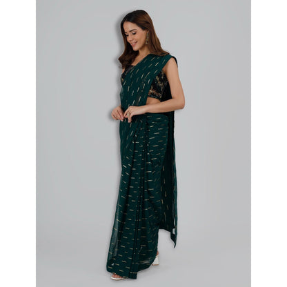 MILU MADAN Dark Green Drape Saree with Unstitched Blouse