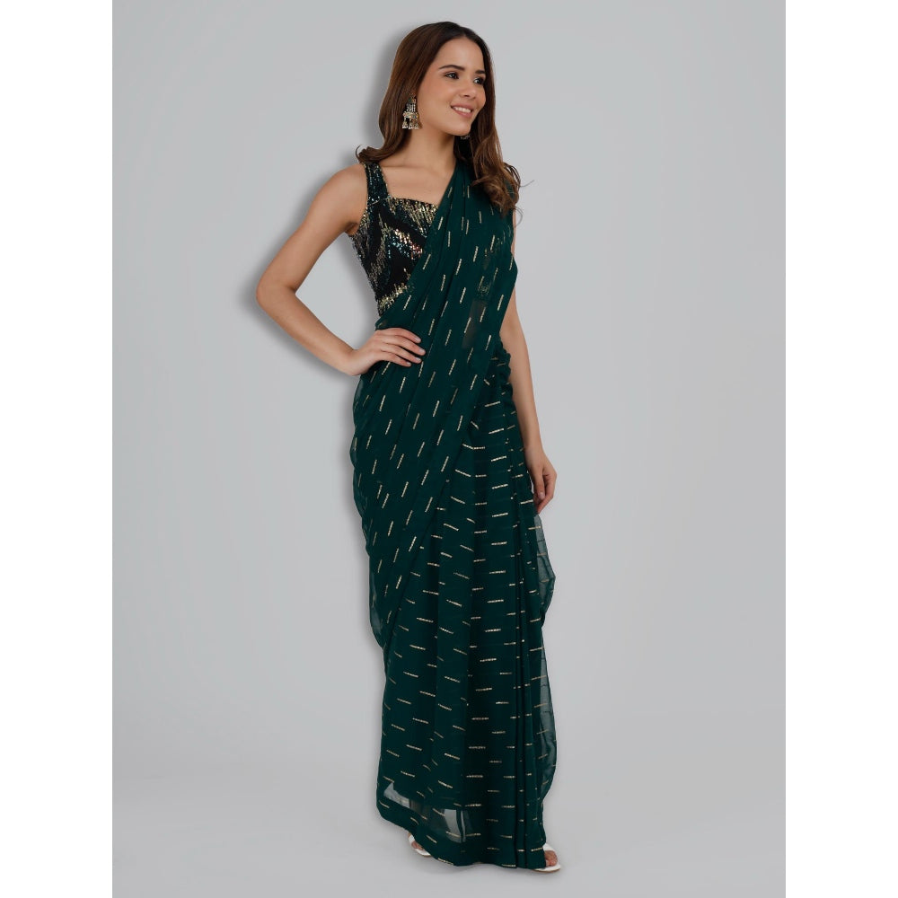 MILU MADAN Dark Green Drape Saree with Unstitched Blouse