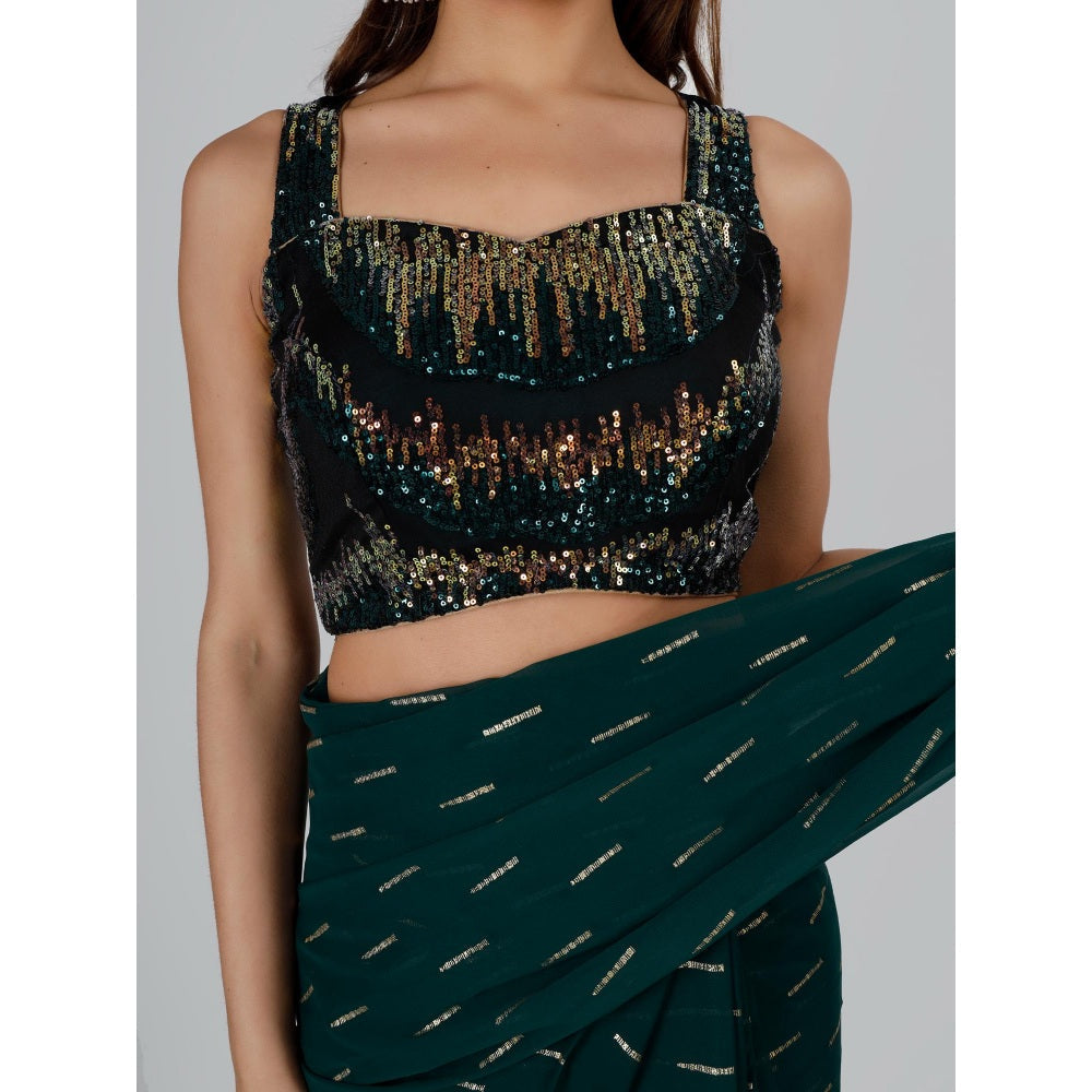 MILU MADAN Dark Green Drape Saree with Unstitched Blouse