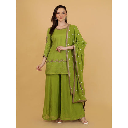 MILU MADAN Leaf Green Beadwork Kurti with Palazzo and Dupatta