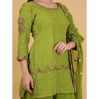 MILU MADAN Leaf Green Beadwork Kurti with Palazzo and Dupatta