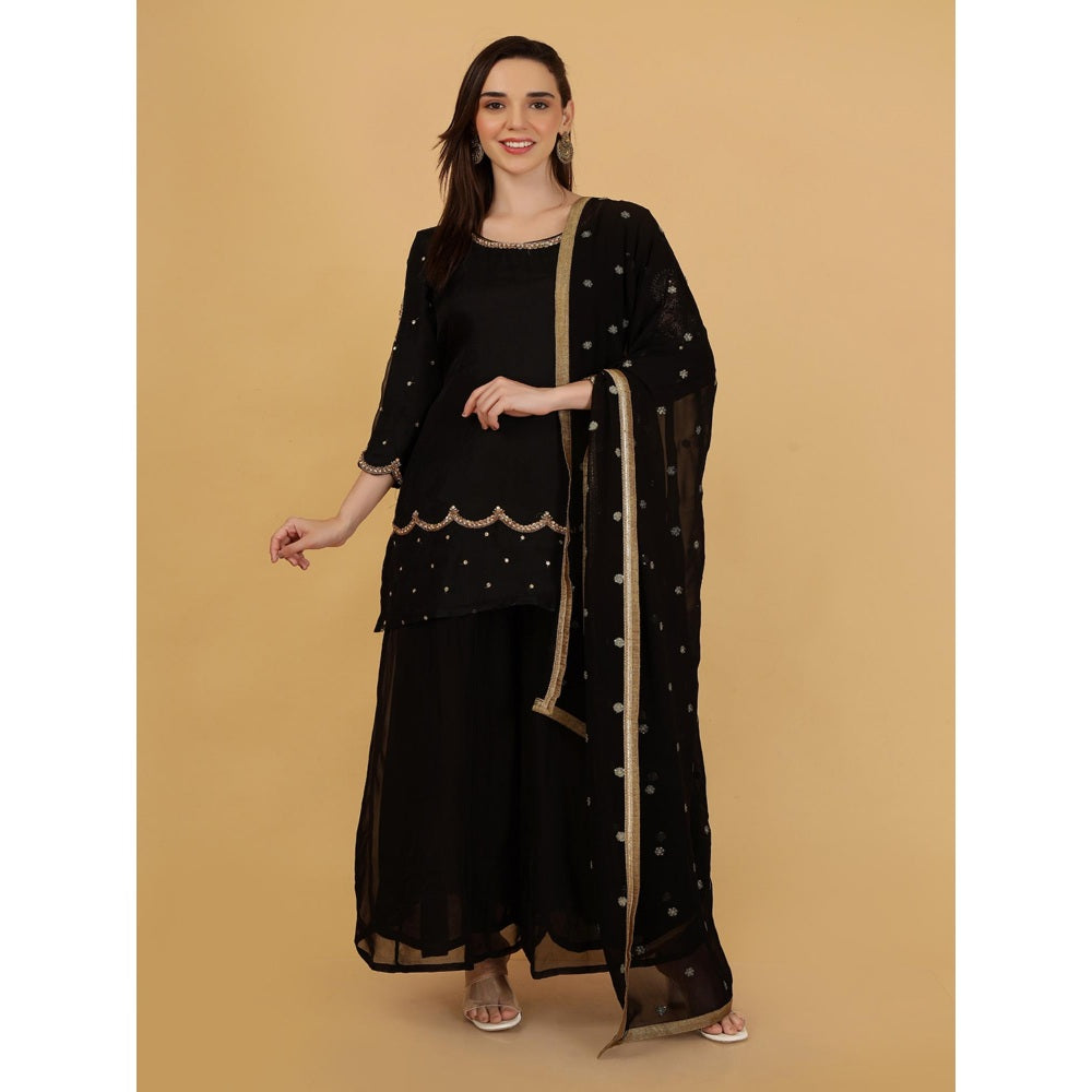 MILU MADAN Black Beadwork Kurti with Palazzo and Dupatta