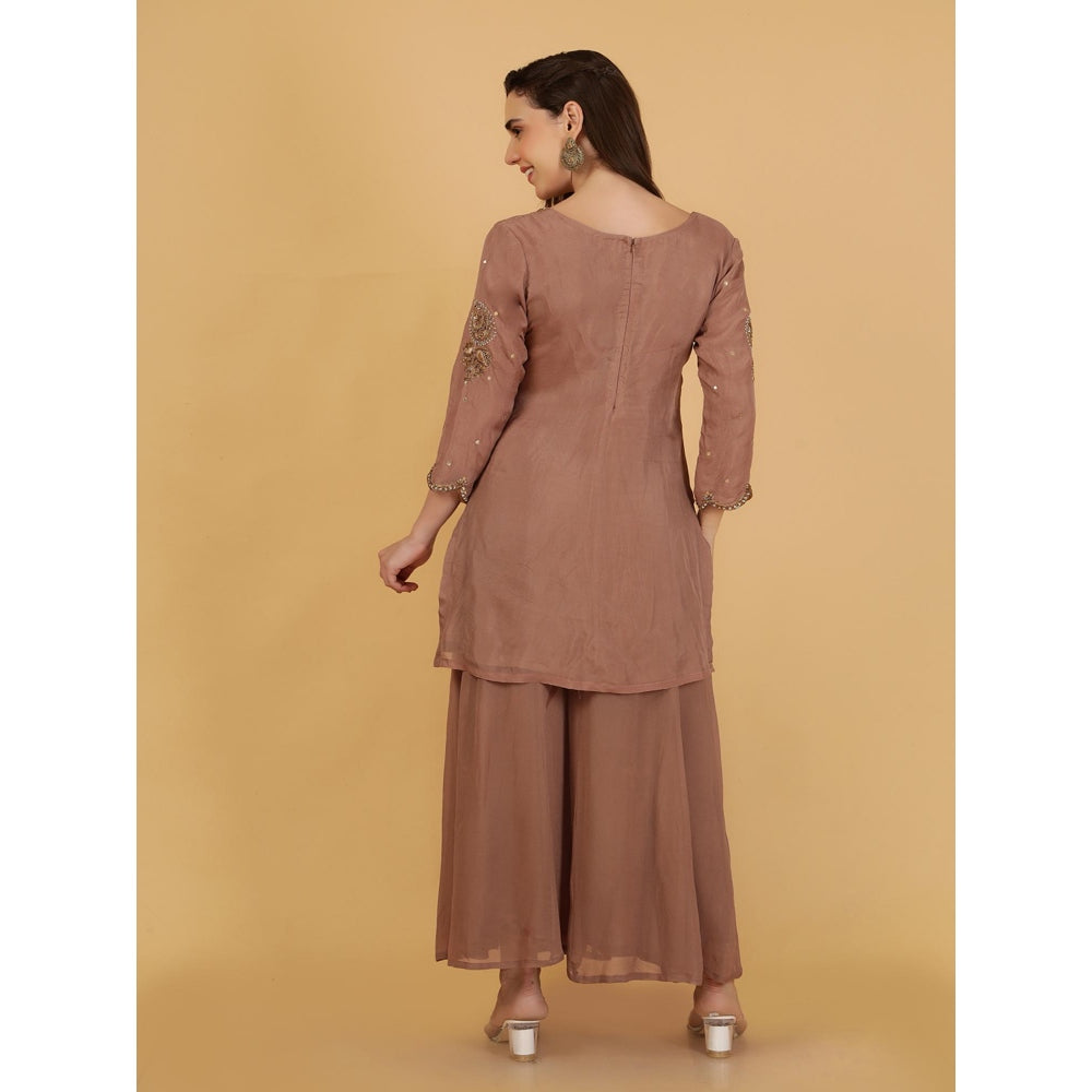 MILU MADAN Mocha Mauve Cut Dana Beadwork Kurti with Palazzo and Dupatta